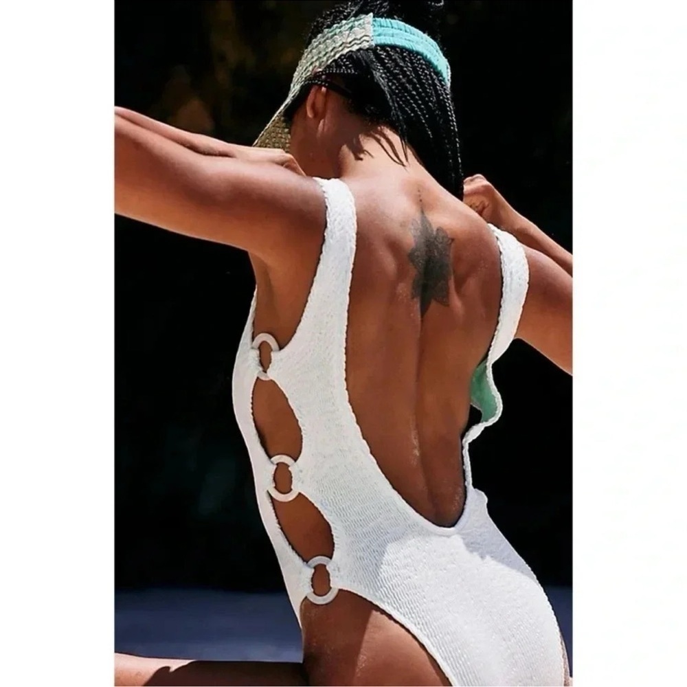New Free People Cleonie Gili Crinkle Maillot One-Piece Swimsuit White Green OS